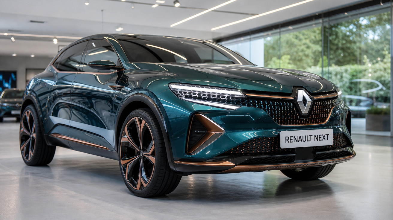 Carro elétrico Renault Next verde exposto em showroom moderno com iluminação natural.