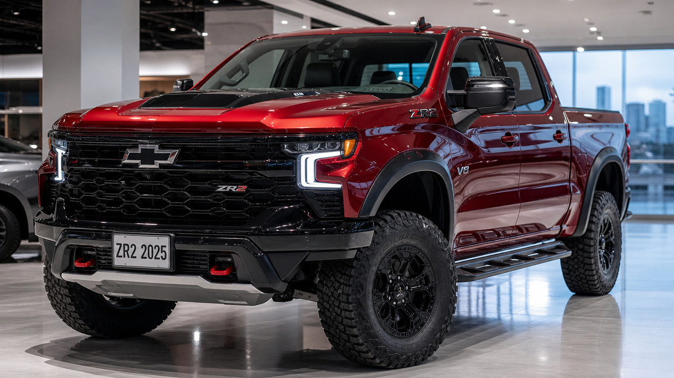 Picape Chevrolet ZR2 vermelha com detalhes pretos em showroom moderno.