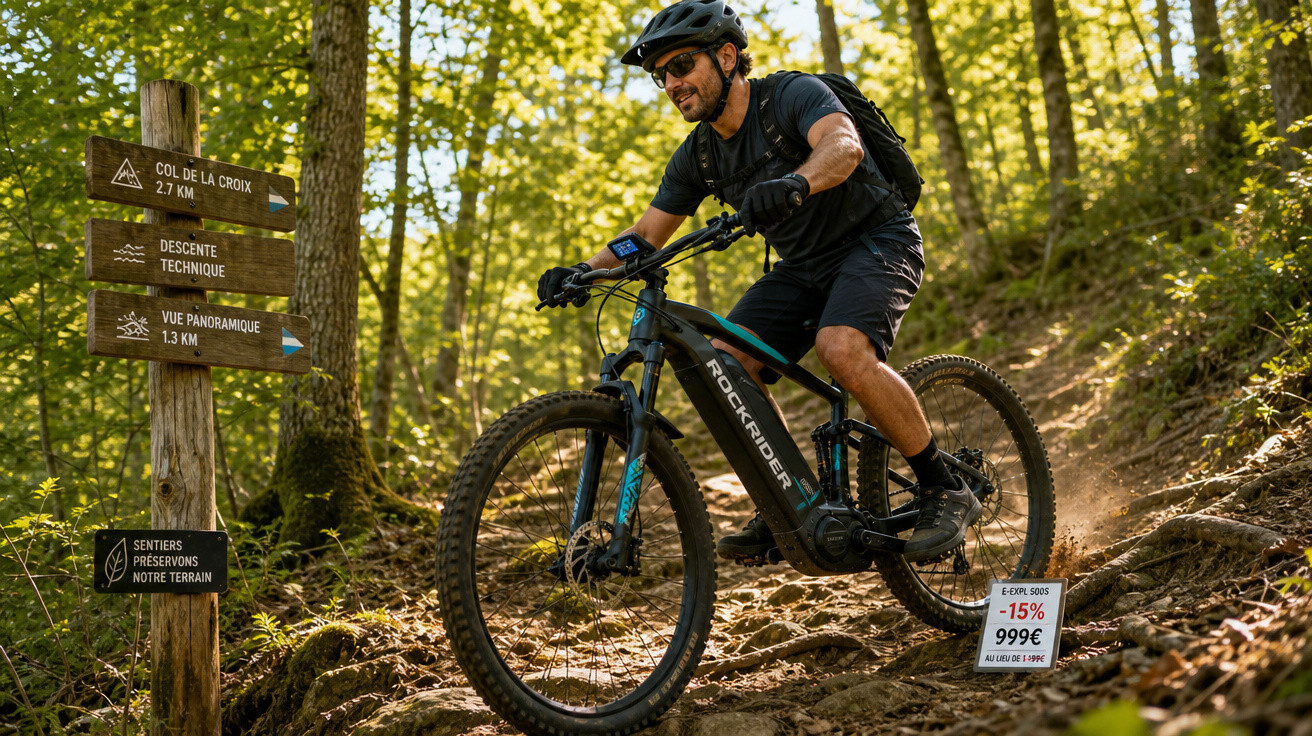 Homem de capacete descendo trilha rochosa de mountain bike elétrica em floresta ensolarada.
