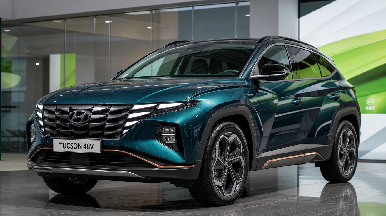 SUV Hyundai Tucson 48V verde escuro estacionado em showroom moderno e iluminado.