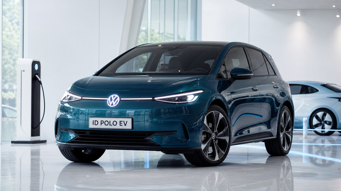 Carro elétrico Volkswagen ID Polo EV azul em exposição, ao lado de estação de recarga.