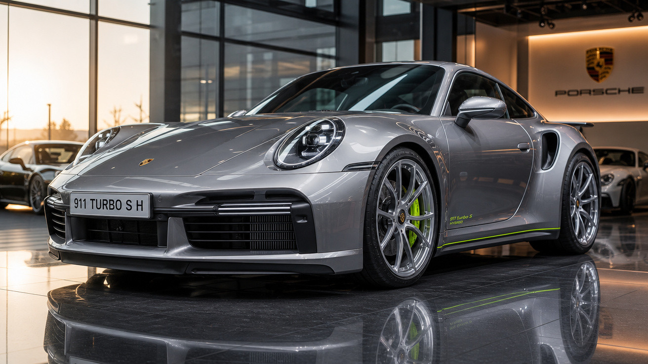 Carro esporte Porsche 911 Turbo S cinza metálico exibido em showroom moderno com piso espelhado.