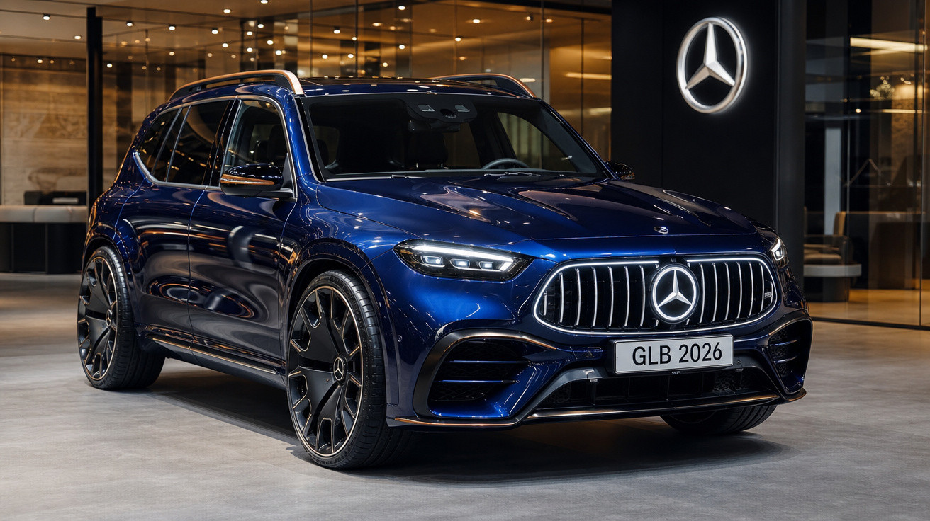 SUV Mercedes-Benz GLB 2026 azul metálico em showroom com logo iluminado da marca ao fundo.