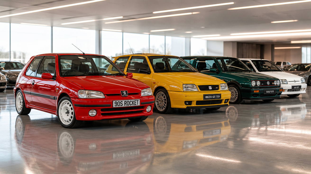 Carros hatchs clássicos de cores vibrantes alinhados em salão moderno com piso espelhado.