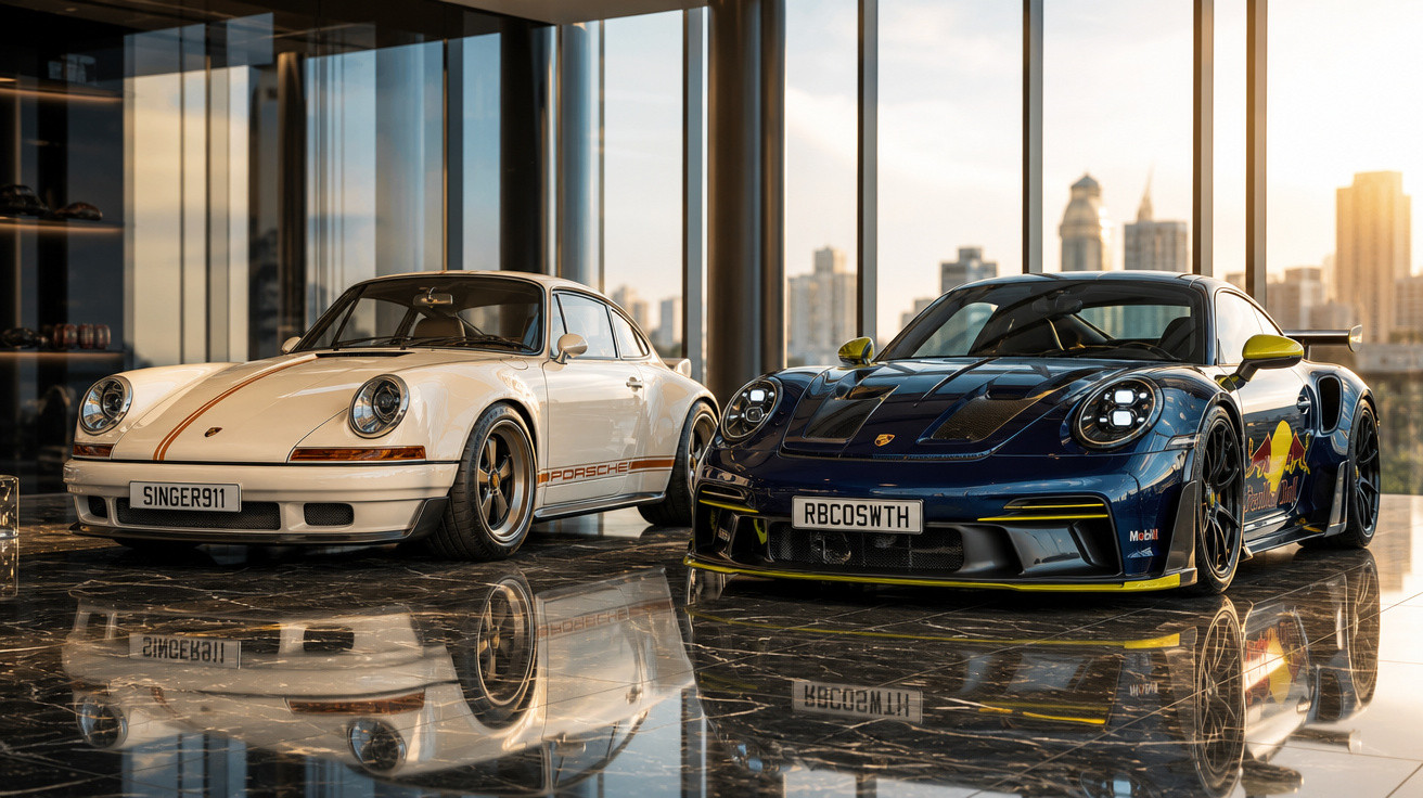 Dois carros esportivos Porsche, um branco clássico e um azul moderno, exibidos em showroom com piso refletivo.