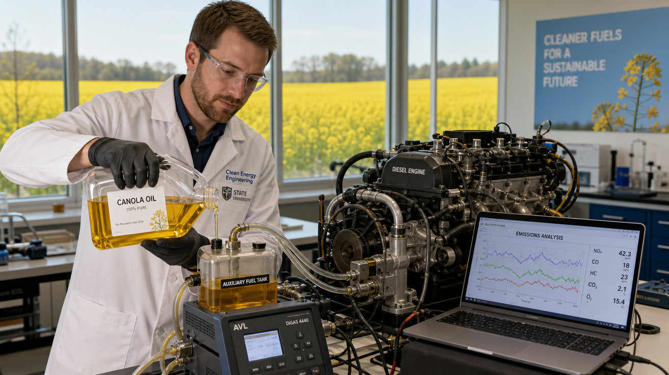 Pesquisador em laboratório testando óleo de canola em motor diesel com monitor de análise de emissões.