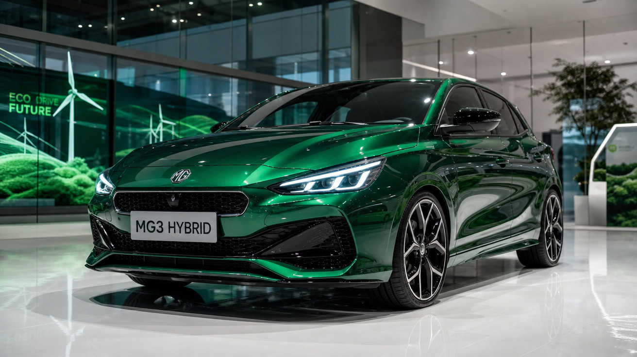 Carro hatch verde MG3 Hybrid em exposição com iluminação moderna e vidro refletindo turbinas eólicas ao fundo.