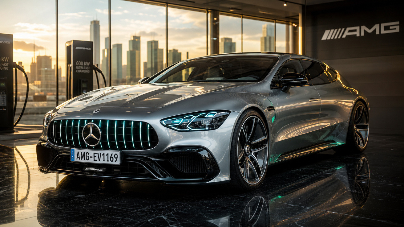 Carro elétrico Mercedes-AMG prata estacionado em showroom com vista para cidade ao pôr do sol.
