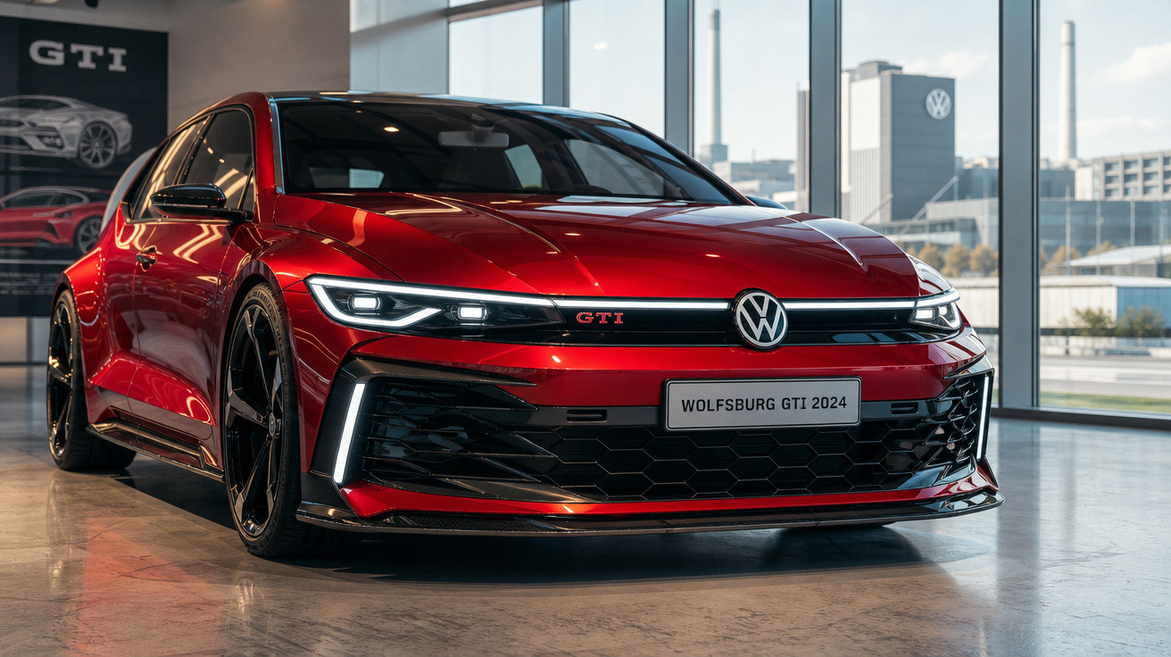 Carro esportivo vermelho Volkswagen Wolfsburg GTI 2024 exibido em showroom com piso refletivo.