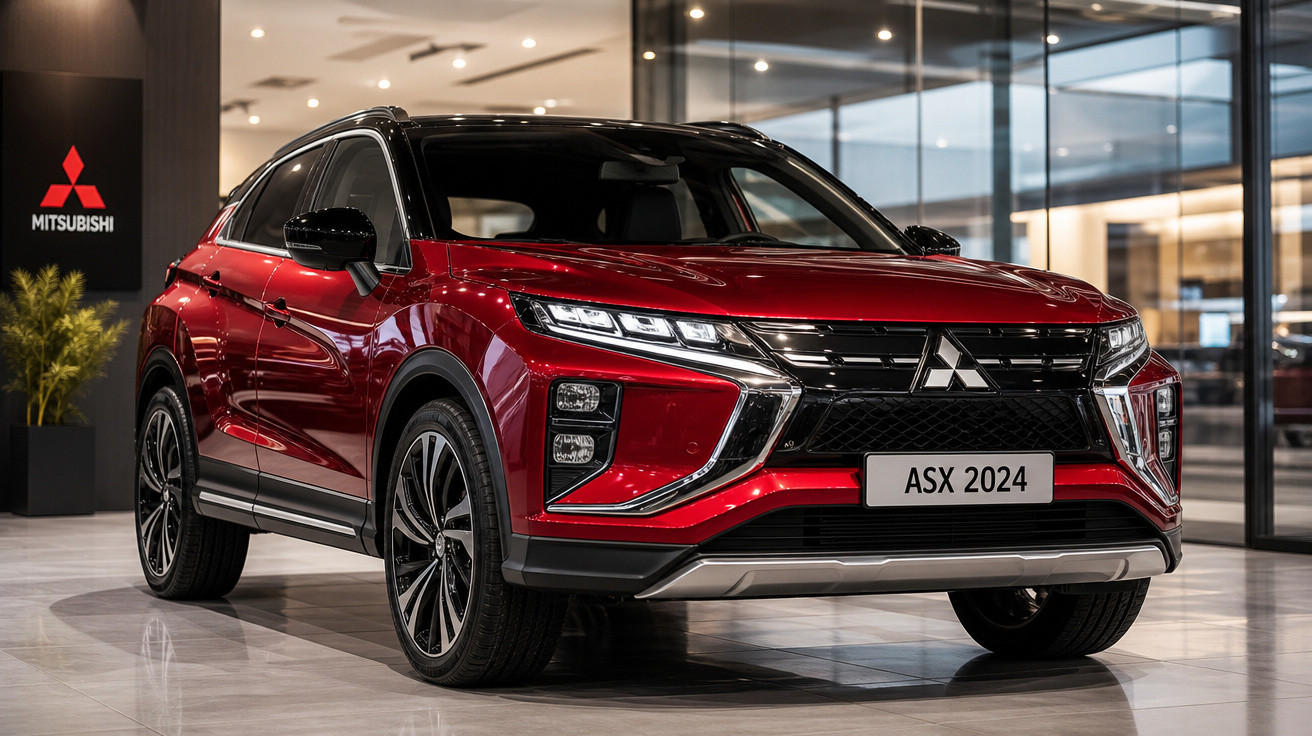 Carro vermelho Mitsubishi ASX 2024 exibido em showroom moderno e iluminado.