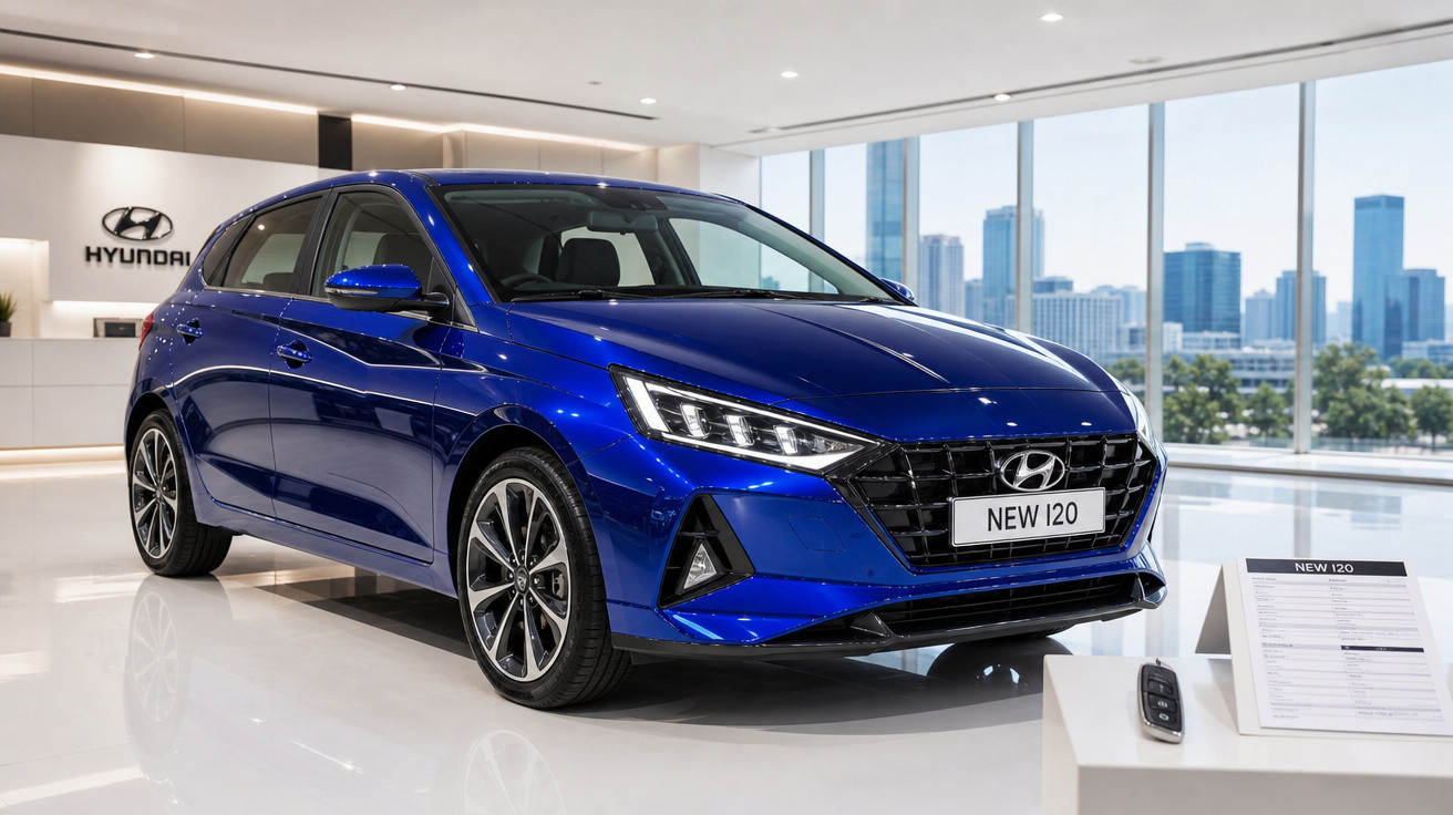 Carro Hyundai New i20 azul exibido em showroom moderno com parede de vidro e vista urbana ao fundo.