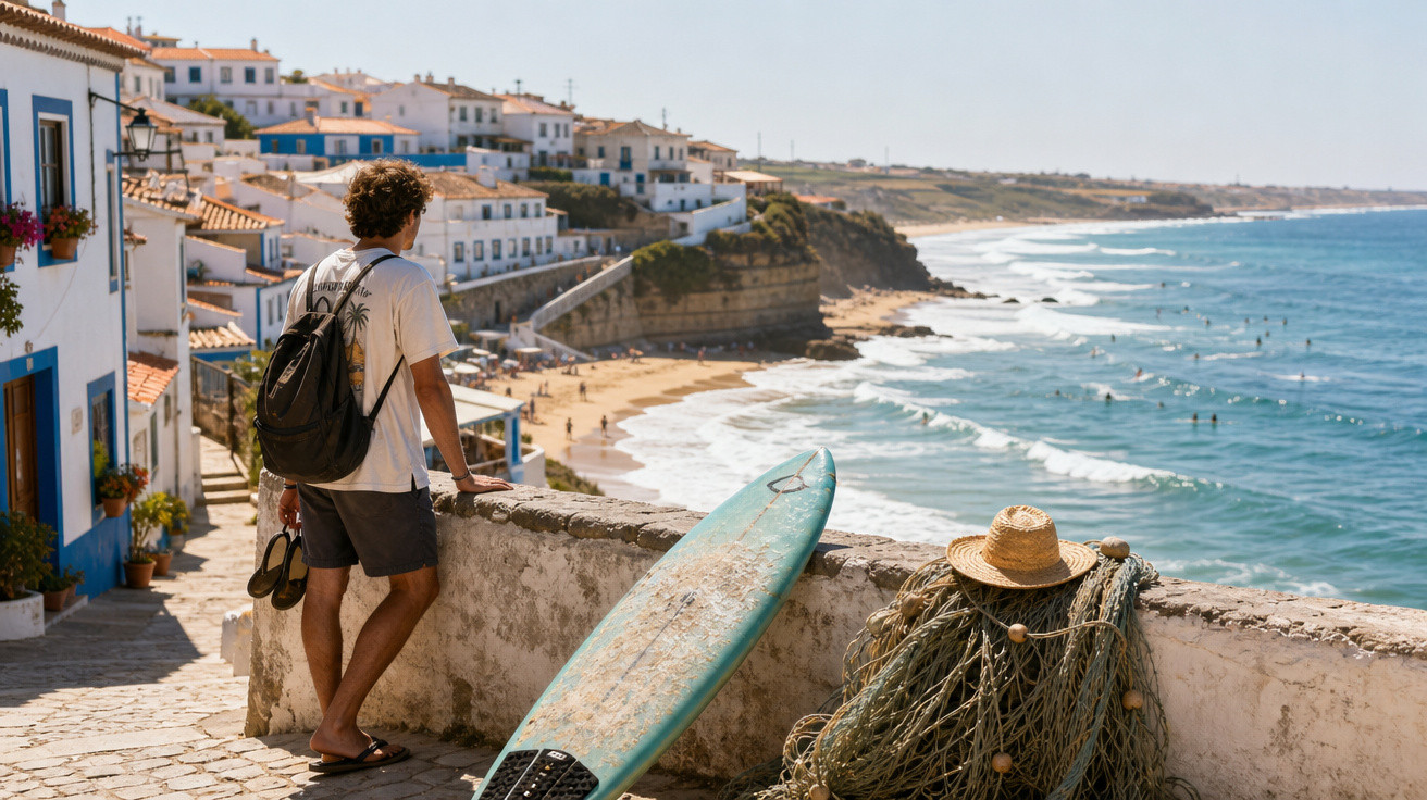 Homem com prancha de surfe observa praia e mar azul em vila costeira com casas brancas e azuis.