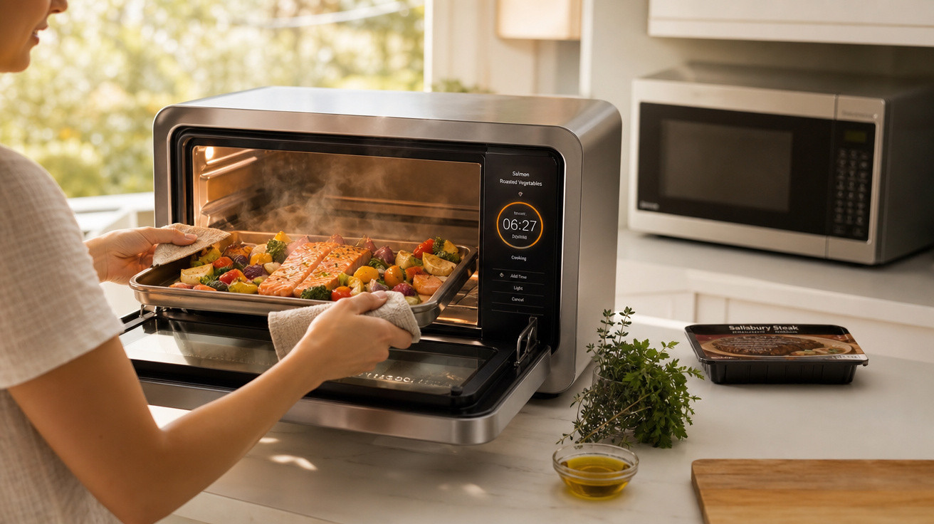 Pessoa tirando uma assadeira com salmão e legumes assados de forno elétrico moderno na cozinha.