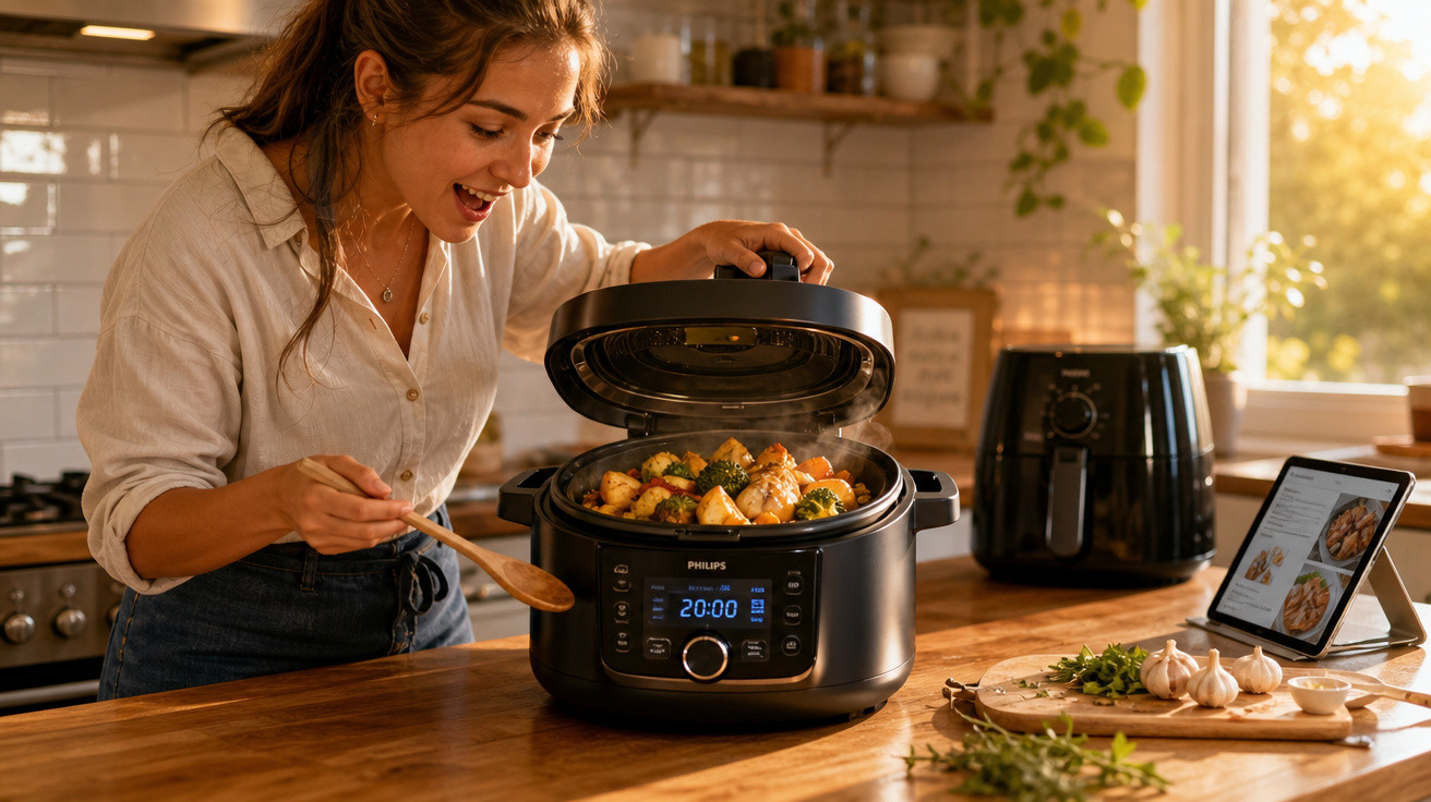 Mulher feliz abrindo panela elétrica com legumes e frango cozidos na cozinha iluminada.