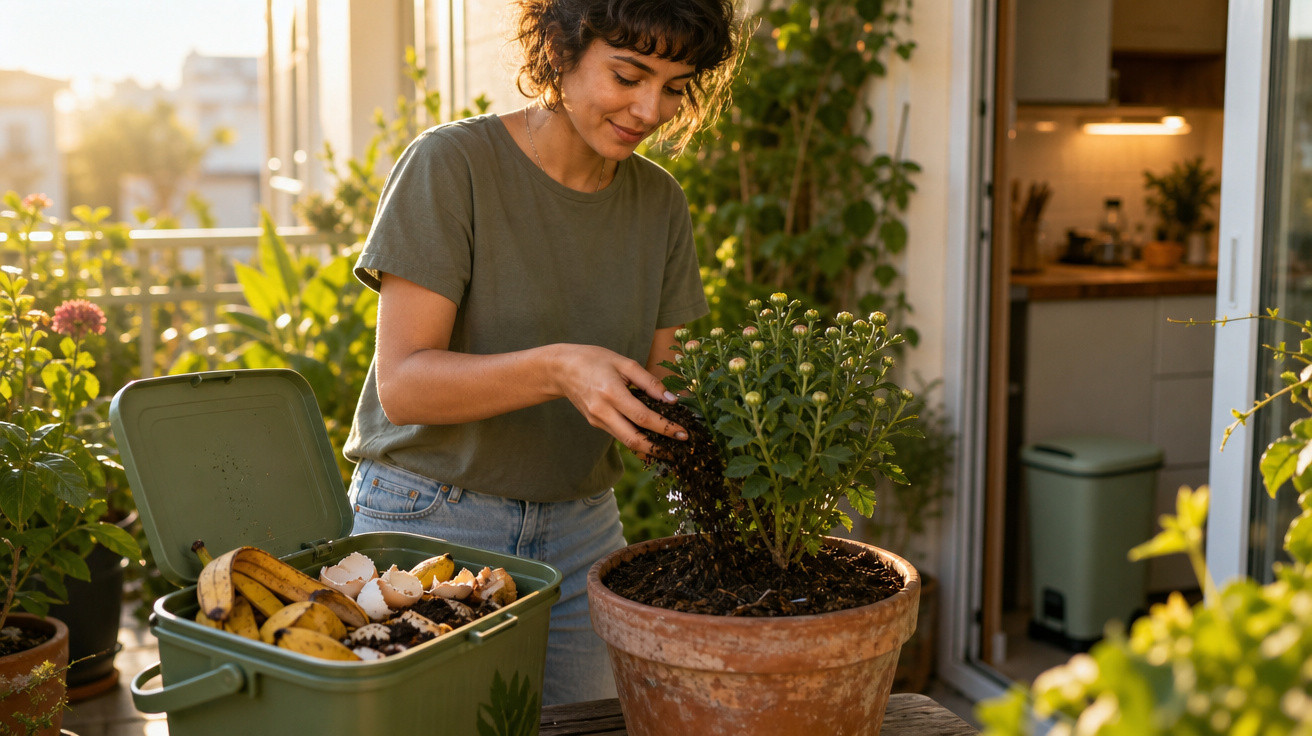 Mulher colocando terra em vaso com planta, ao lado de recipiente com restos orgânicos para compostagem.