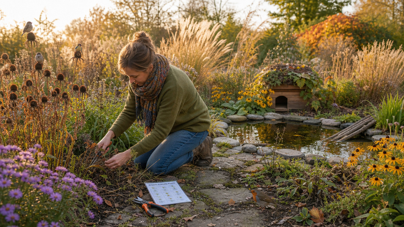 Mulher cuidando do jardim com plantas e flores ao lado de lago ornamental ao entardecer.