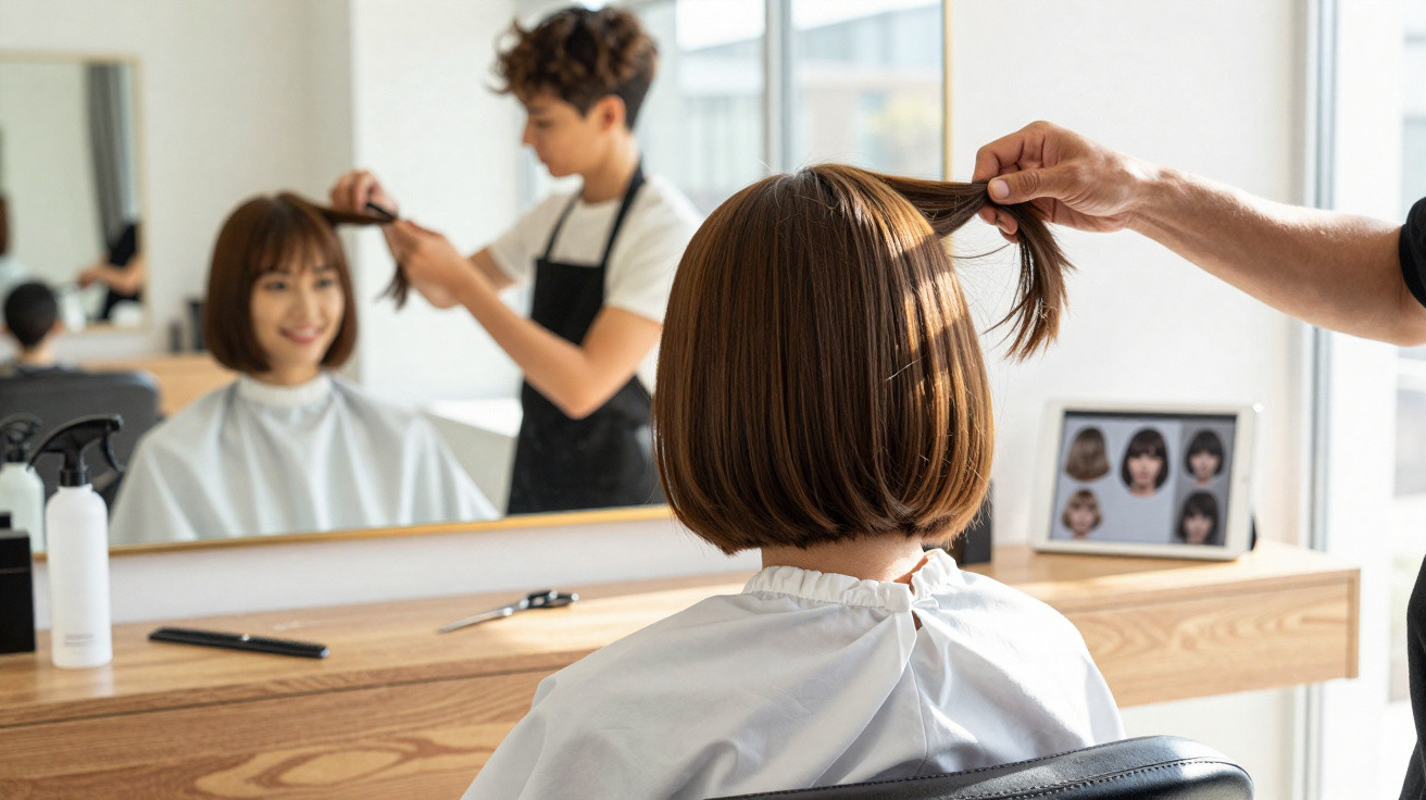 Mulher com cabelo curto castanho sentada em salão, cabeleireiro segura mecha para corte.