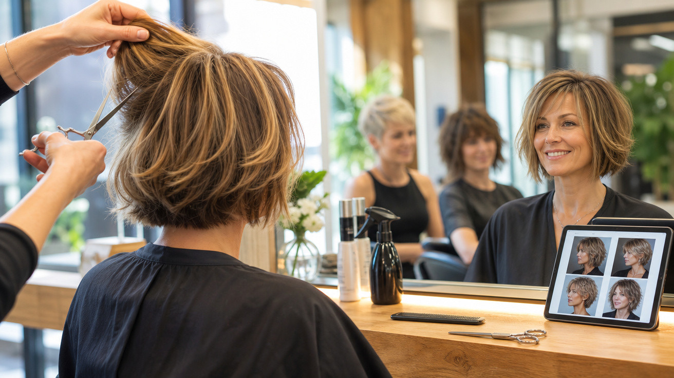 Mulher sorrindo enquanto corta cabelo curto em salão de beleza com fotos de corte no espelho.