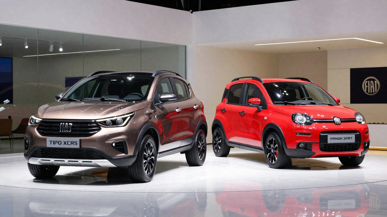 Dois carros Fiat expostos em salão, um SUV marrom Tipo XCRS e um compacto vermelho Panda Sport.