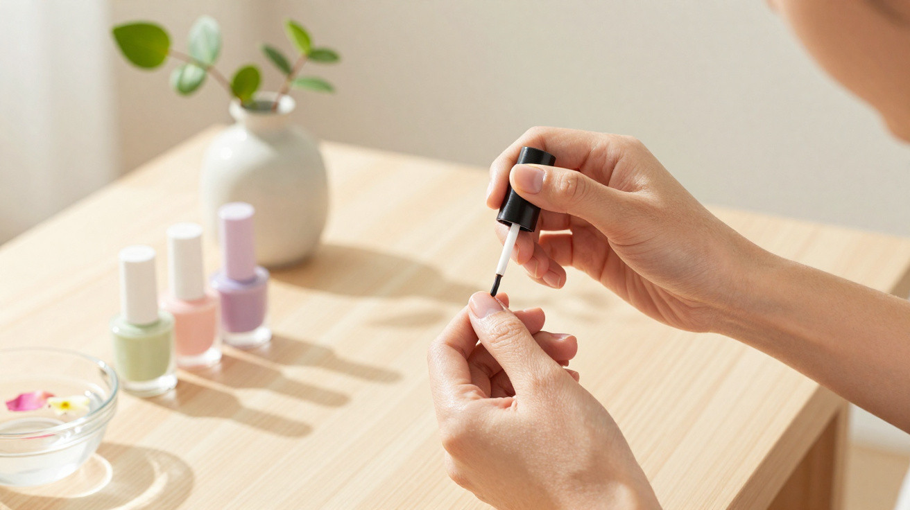 Pessoa aplicando esmalte transparente nas unhas com três esmaltes coloridos sobre uma mesa de madeira clara.