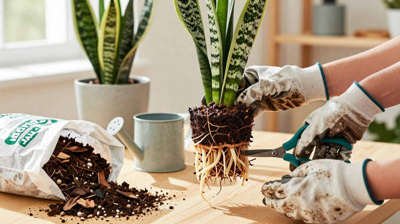 Mãos com luvas podando raízes de planta com tesoura, ao lado de terra, regador e vaso em mesa de madeira.