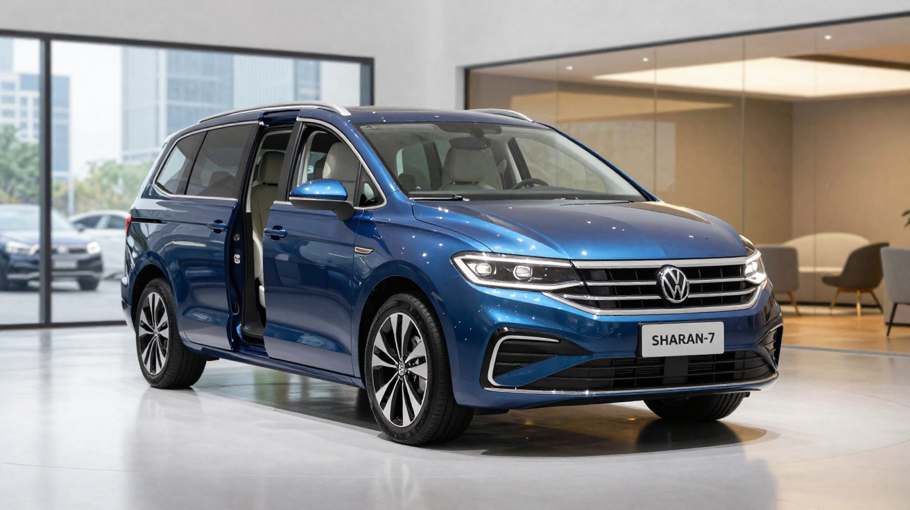 Carro Volkswagen Sharan-7 azul estacionado em showroom com porta lateral aberta.
