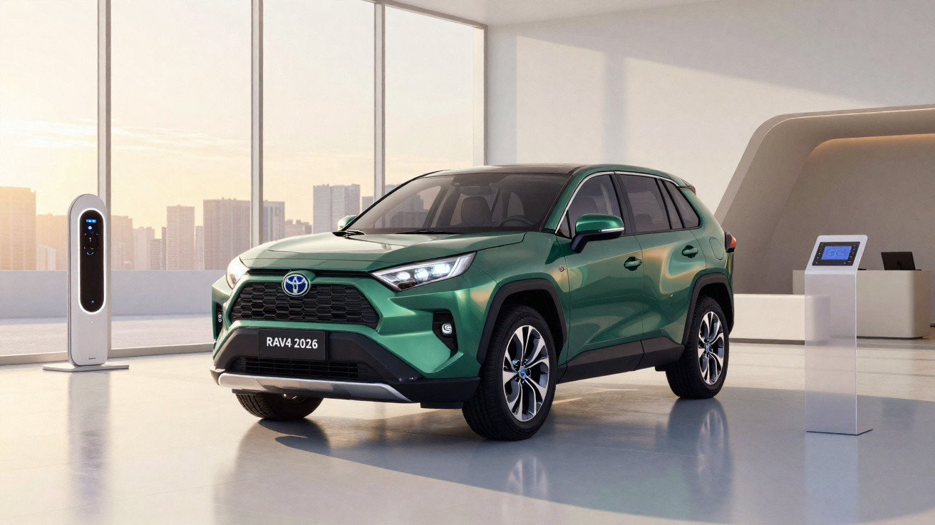 Carro SUV Toyota RAV4 2026 verde em showroom moderno com carregador elétrico ao lado.