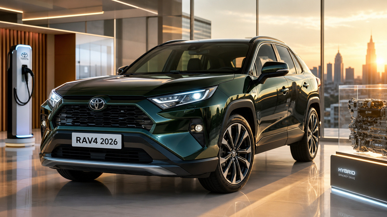 Carro SUV Toyota RAV4 2026 verde escuro, exposto em showroom moderno ao pôr do sol.