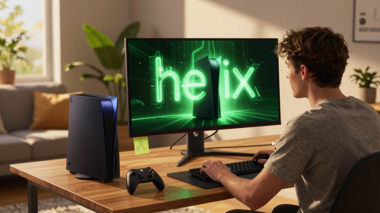 Jovem usando computador gamer com monitor exibindo a palavra helix em verde neon.