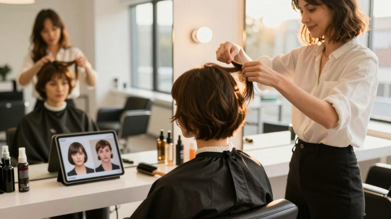 Cliente com capa preta sentada em salão de beleza enquanto cabeleireira prepara penteado olhando sugestão em tablet.