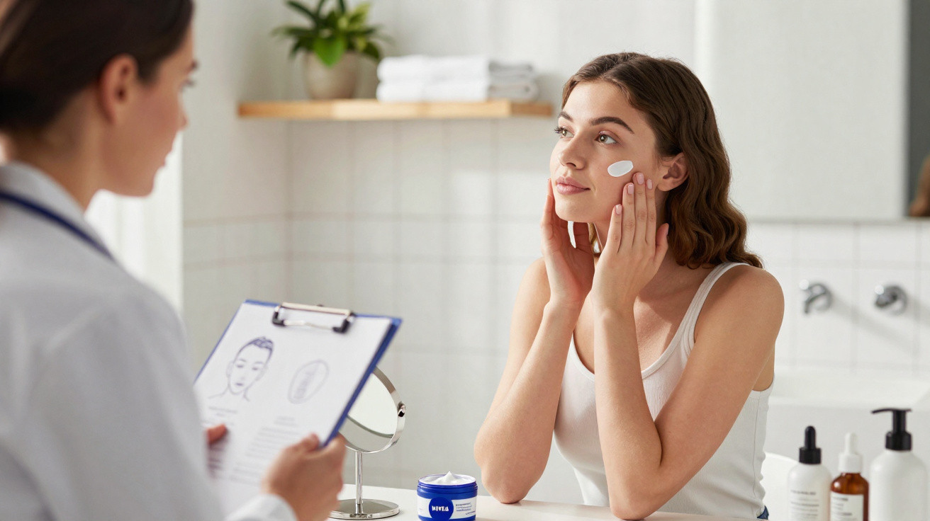 Mulher aplicando creme no rosto em consulta dermatológica com profissional segurando prancheta.