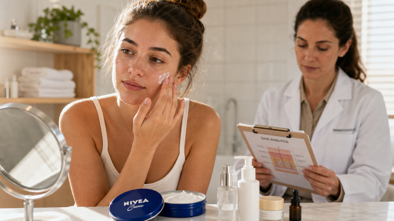 Mulher aplicando creme facial, com profissional de saúde observando em consultório bem iluminado.
