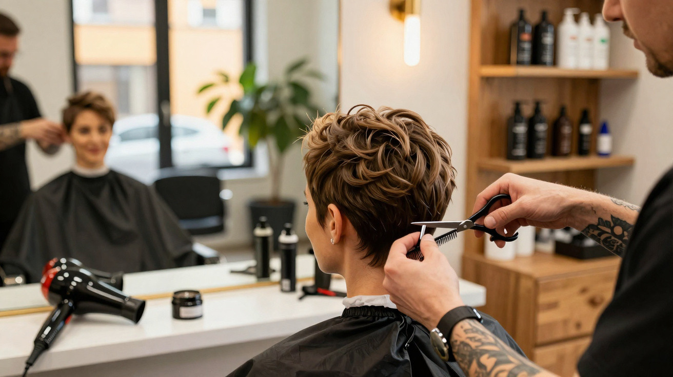 Cliente com cabelo curto sendo cortado por cabeleireiro tatuado em salão moderno e iluminado.