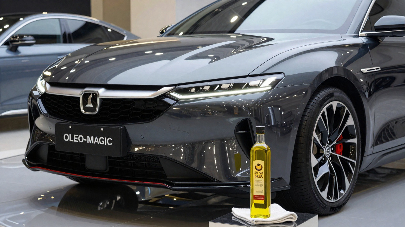 Carro elétrico cinza escuro com design moderno exibido em showroom, ao lado de garrafa de azeite e pano branco.
