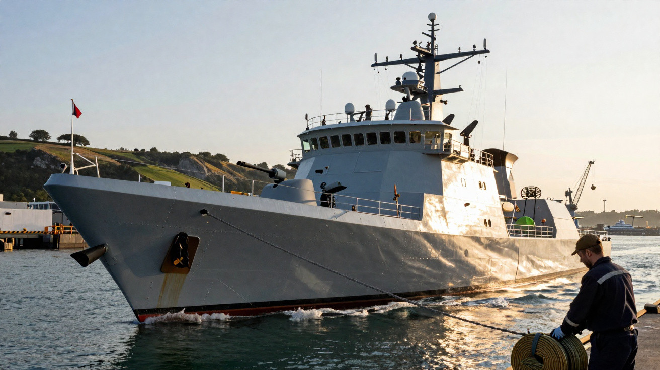Navio naval cinza ancorado próximo a um porto com homem segurando cabo em primeiro plano.