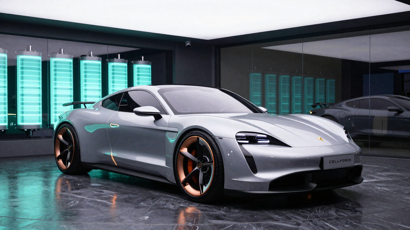 Carro esportivo elétrico prata com rodas douradas em ambiente moderno com iluminação azul e espelhos.