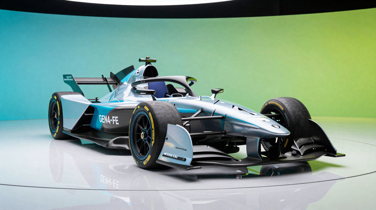 Carro de corrida elétrico Fórmula E modelo Gen4-FE em exposição com fundo degradê azul e verde.
