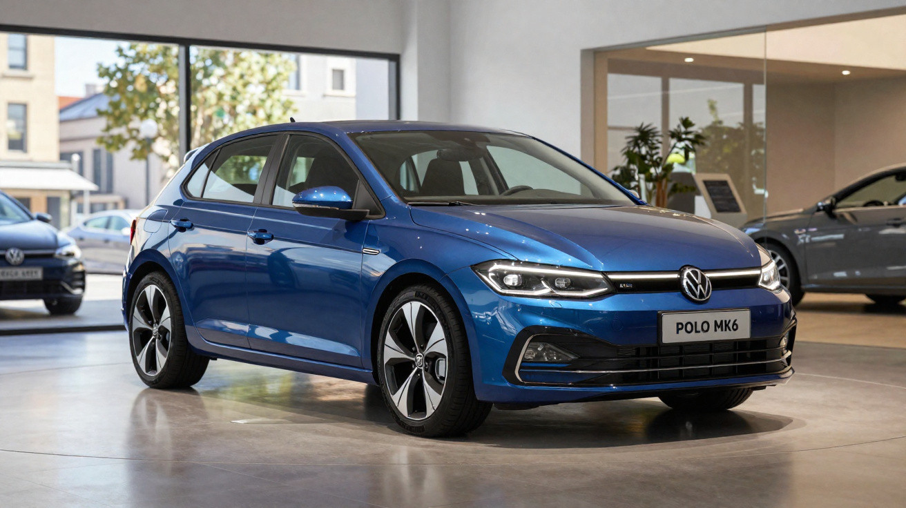 Carro Volkswagen Polo MK6 azul exibido em showroom com iluminação interna e janelas ao fundo.