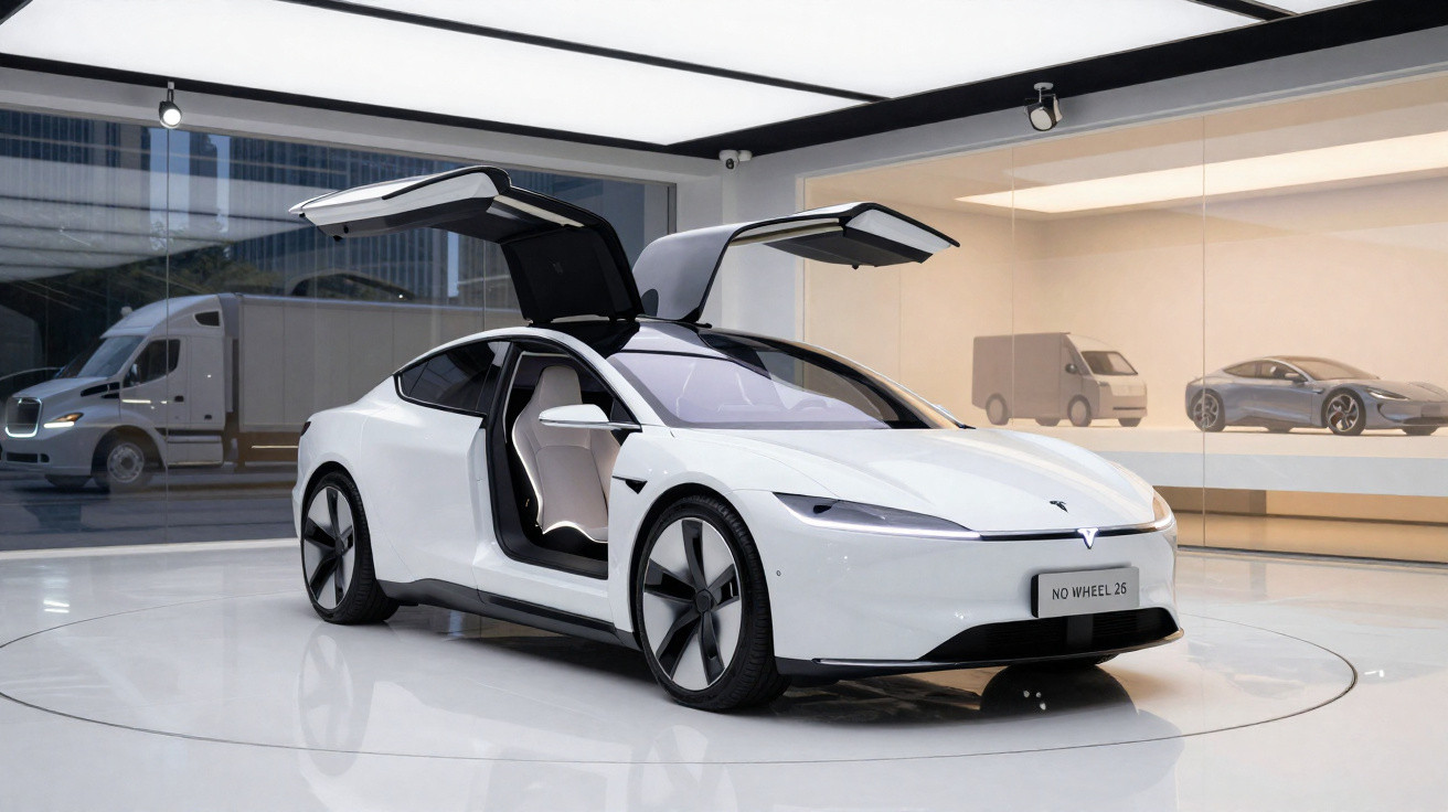 Carro elétrico branco com portas estilo asas de gaivota aberto em showroom moderno e minimalista.