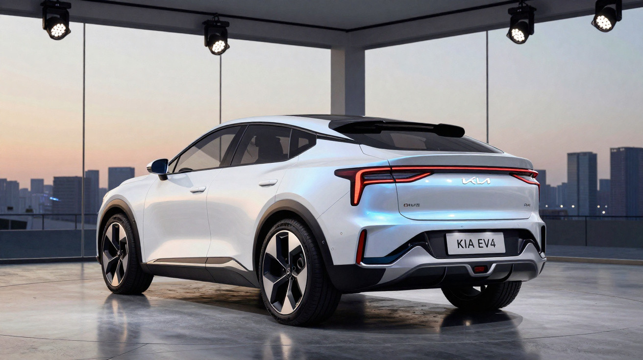 Carro elétrico branco Kia EV4 estacionado em ambiente interno com luzes e vista urbana ao fundo.