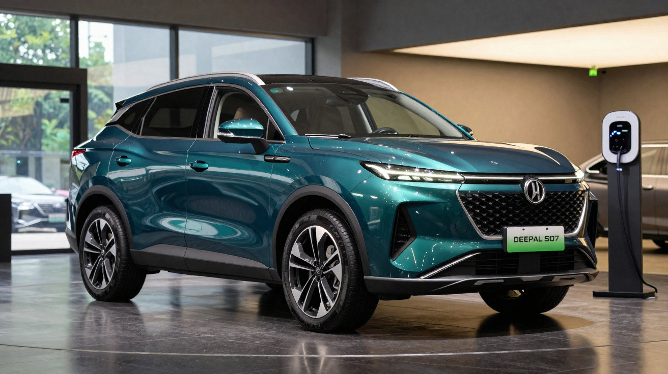 Carro SUV elétrico verde escuro estacionado dentro de showroom moderno, conectado a estação de recarga.