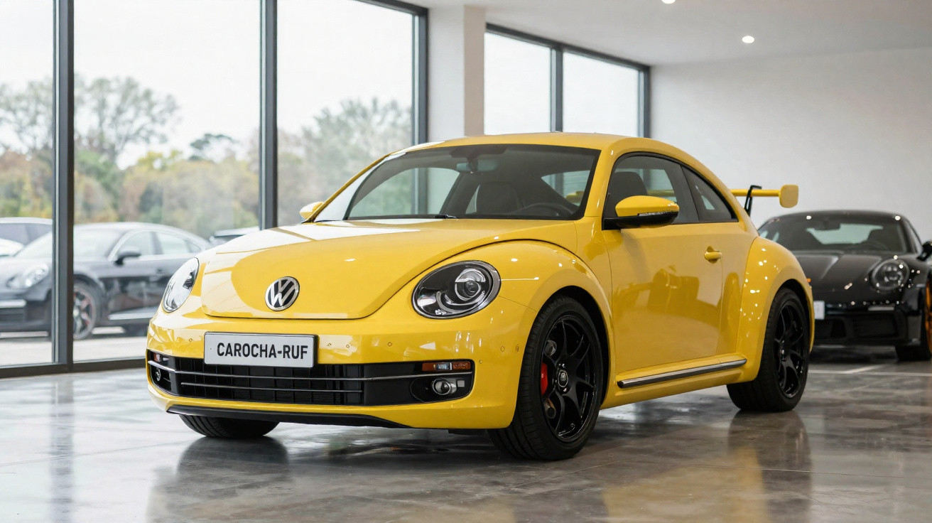 Carro esportivo amarelo estilo Fusca com rodas pretas em showroom iluminado.