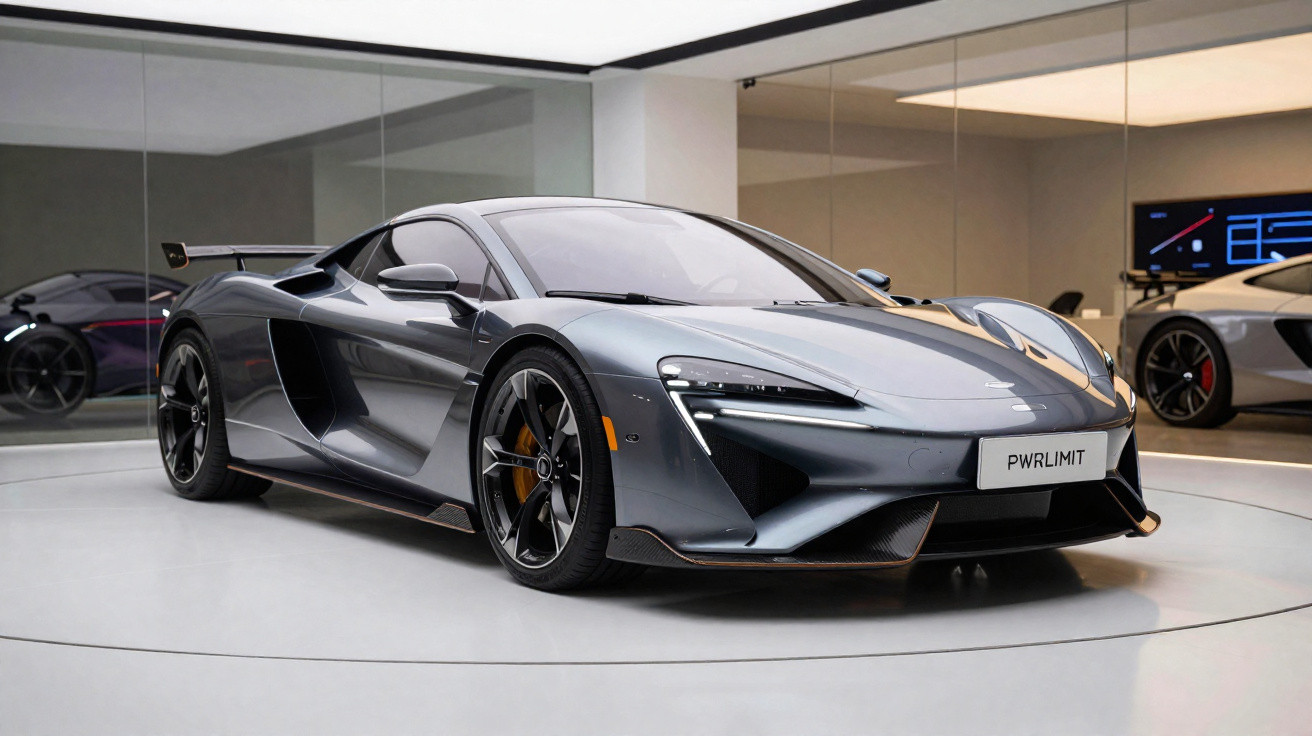 Carro esportivo cinza metálico em exposição dentro de showroom moderno com paredes espelhadas.