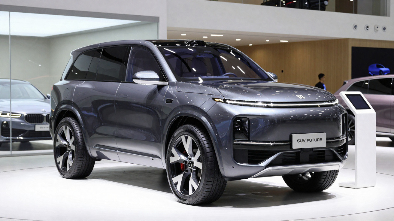 SUV elétrico cinza metálico com design moderno exibido em salão automotivo, placa "SUV FUTURE".