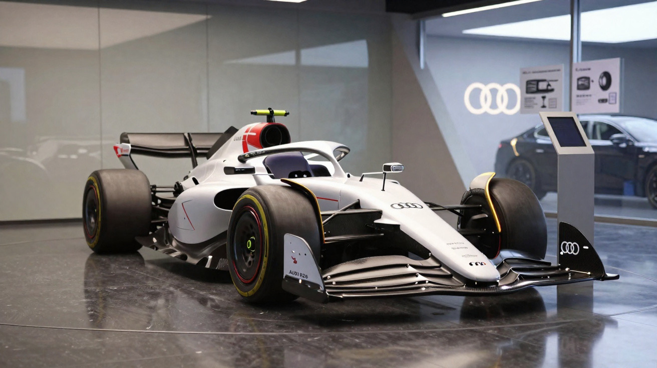 Carro de Fórmula 1 branco da Audi exibido em showroom moderno com logo da marca ao fundo.