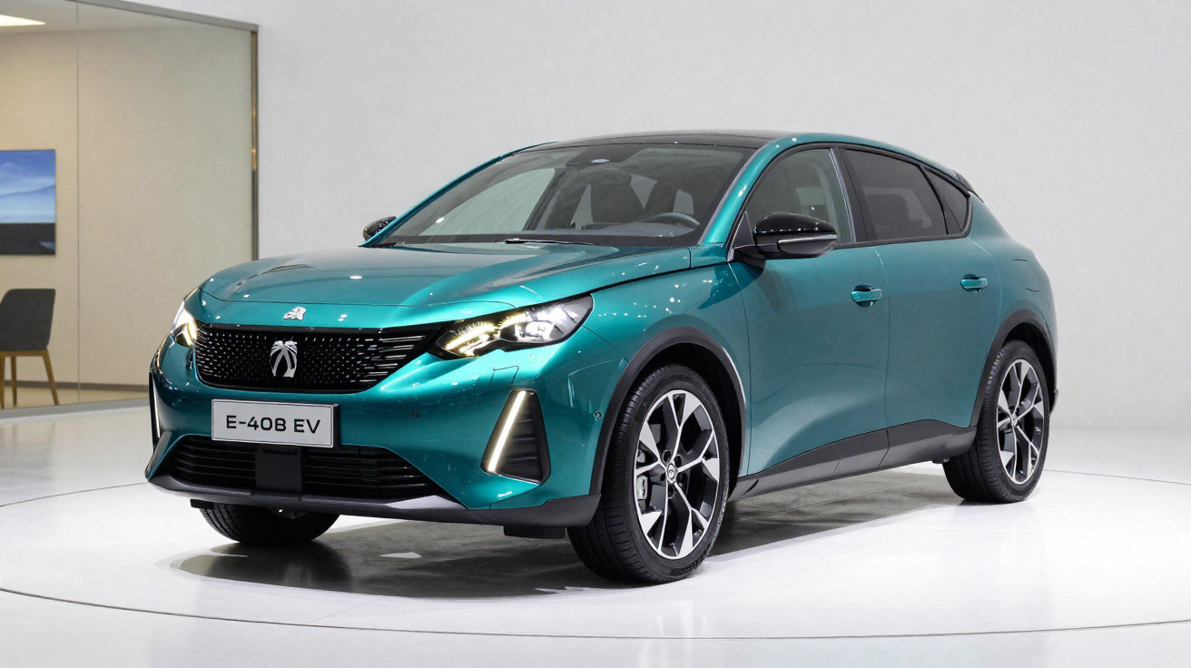Carro elétrico Peugeot E-408 EV verde em exposição, vista frontal direita em ambiente interno branco.