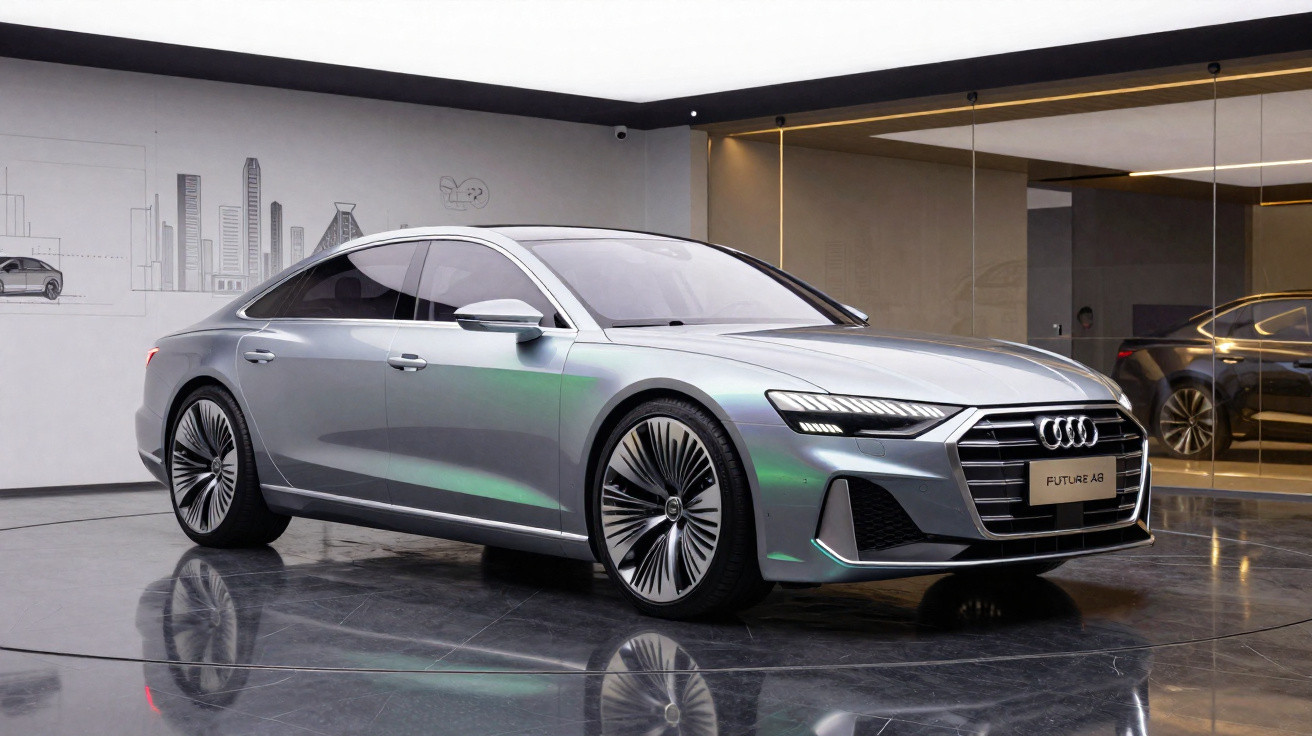 Carro esportivo Audi futurista prata em exposição interna com piso reflexivo e parede decorada.