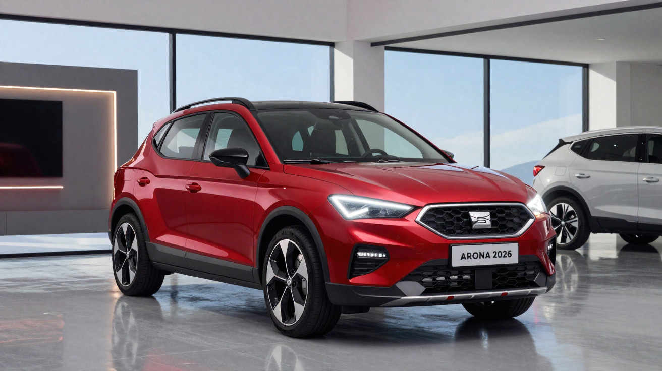 SUV vermelho Seat Arona 2026 em showroom moderno com janelas grandes e piso refletivo.