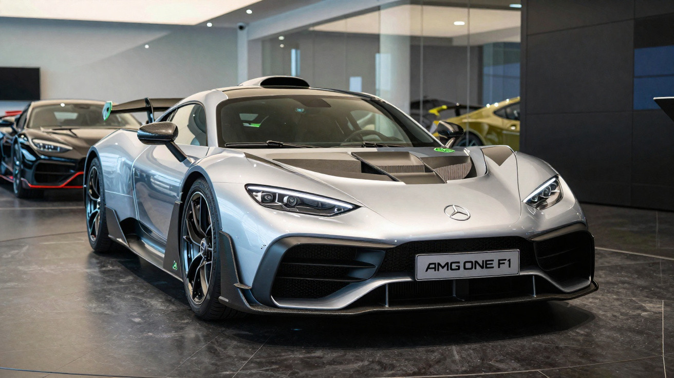 Carro esportivo Mercedes AMG One prata em exposição, com design aerodinâmico e faróis affilados.