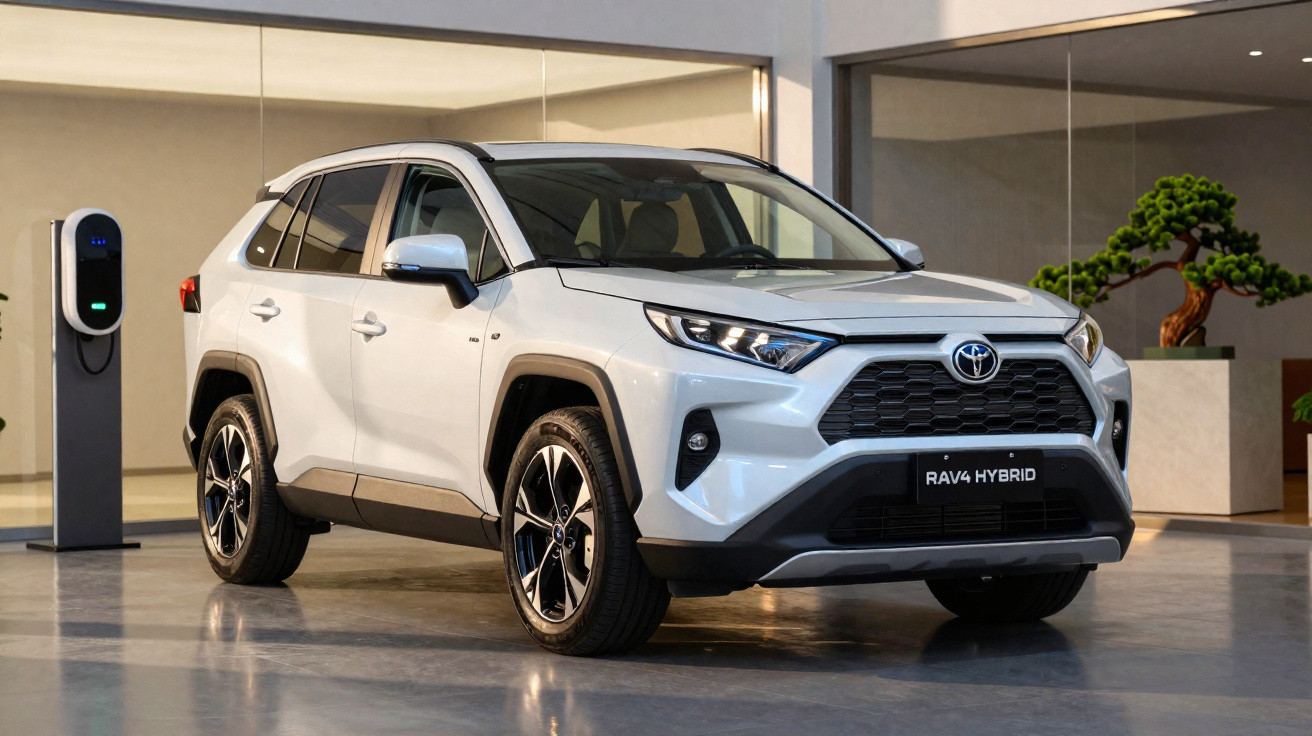Carro branco Toyota RAV4 Hybrid estacionado ao lado de uma estação de carregamento elétrico em ambiente interno.